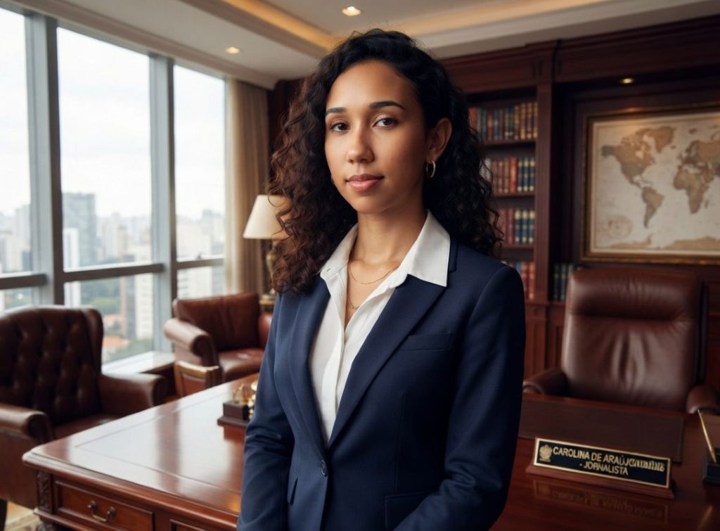 Retrato corporativo de Carolina de Araújo Nunes, sócia-proprietária do Jornal O Centro (Vitória, ES), em um escritório executivo com vista panorâmica. Ela usa um terno azul-marinho e uma placa de mesa identifica sua função como "Carolina de Araújo Nunes - Jornalista". A imagem reflete sua trajetória como parte da dinastia de jornalistas iniciada pelo senador Cleto Nunes e continuada por Lauro Nunes.