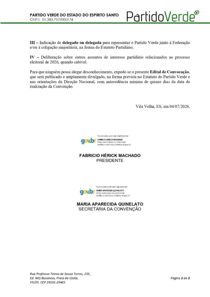 Página 2 do Edital de Convocação do Partido Verde do Espírito Santo contendo as assinaturas digitais Gov.br.