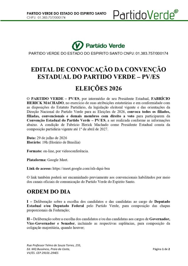 Documento oficial do Edital de Convocação da Convenção Estadual do Partido Verde do Espírito Santo para as Eleições 2026, página 1.