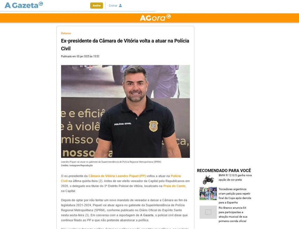 Captura de tela de uma página de notícias do portal A Gazeta. No topo, exibe a manchete "Ex-presidente da Câmara de Vitória volta a atuar na Polícia Civil". Abaixo do título, há uma fotografia do Delegado Leandro Piquet sorrindo, vestindo camisa preta da Polícia Civil com o brasão no peito, posicionada em frente a um fundo com texto parcialmente visível. O rodapé da imagem indica o crédito do Instagram/Reprodução.