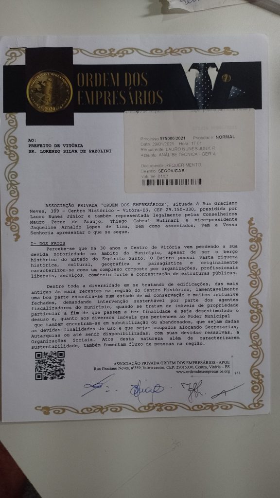 Galeria de imagens contendo ofícios protocolados e listas de assinaturas de reuniões da Ordem dos Empresários em 2021.